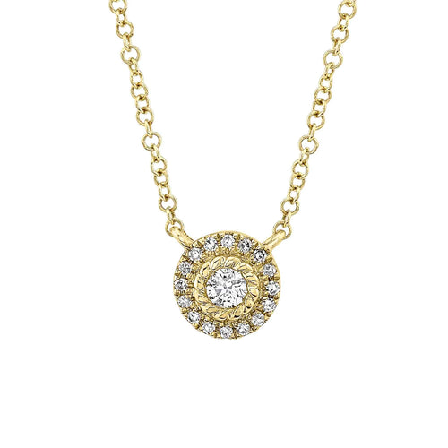 14K Yellow Gold 0.09 Carat Total Weight Round Diamond Halo Pendant Necklace - Queen May