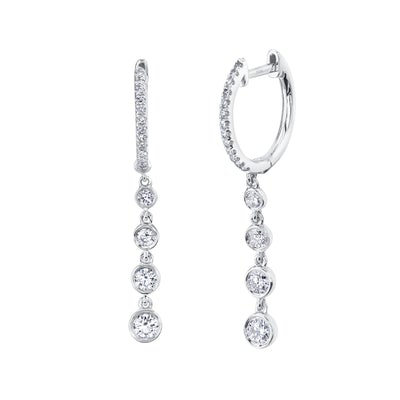 14K White Gold .45 Carat Total Weight Round Diamond Graduated Drop Huggie Earrings - Queen May