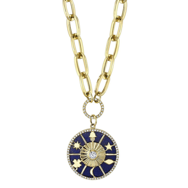 14K Yellow Gold Diamond and Lapis Medallion Paperclip Chain Necklace - Queen May