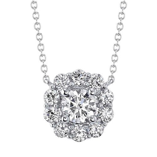 14K White Gold 0.79 Carat Total Weight Round Diamond Halo Pendant Necklace - Queen May