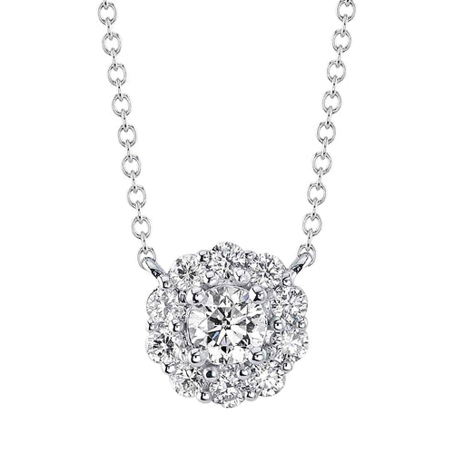 14K White Gold 0.42 Carat Total Weight Round Diamond Halo Pendant Necklace - Queen May