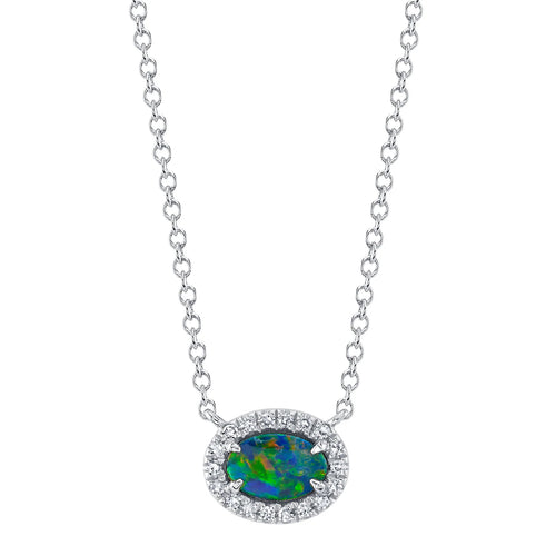 14K White or Yellow Gold 0.33 Carat Opal & Diamond Halo Pendant Necklace - Queen May
