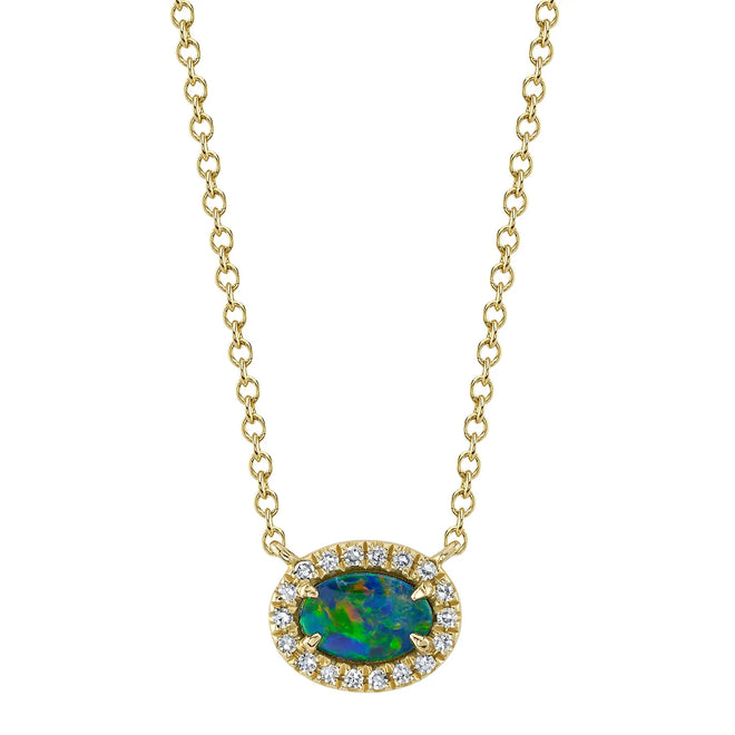 14K White or Yellow Gold 0.33 Carat Opal & Diamond Halo Pendant Necklace - Queen May