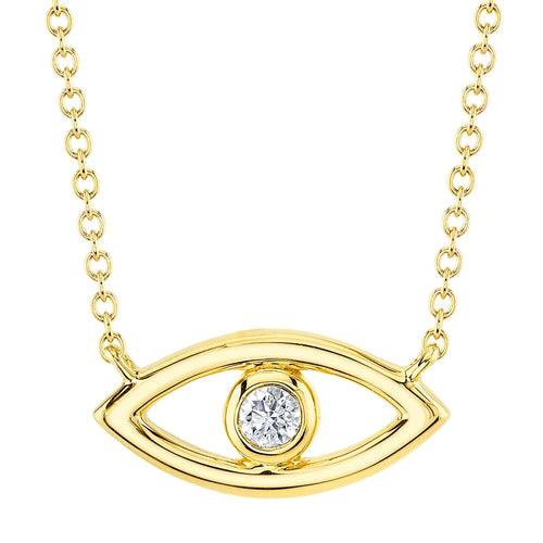 14K Yellow Gold 0.04 Carat Diamond Bezel Evil Eye Pendant Necklace - Queen May
