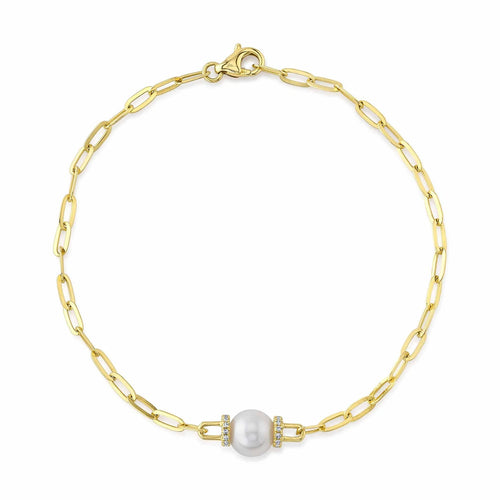 14K Yellow Gold Cultured Pearl & Diamond Paperclip Link Bracelet - Queen May