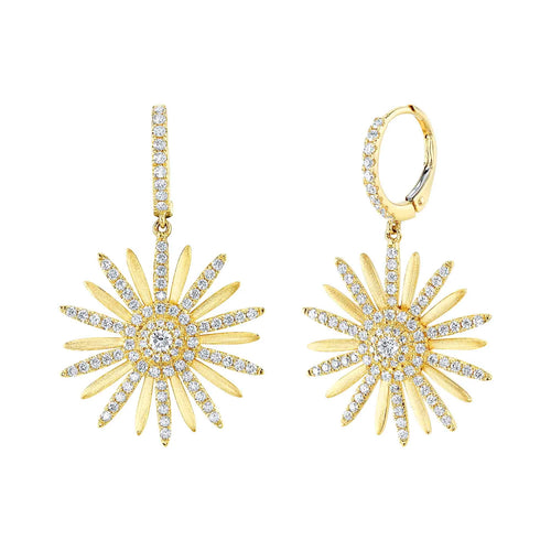 14K Yellow Gold 1.10 Carat Total Weight Diamond Daisy Flower Drop Earrings - Queen May