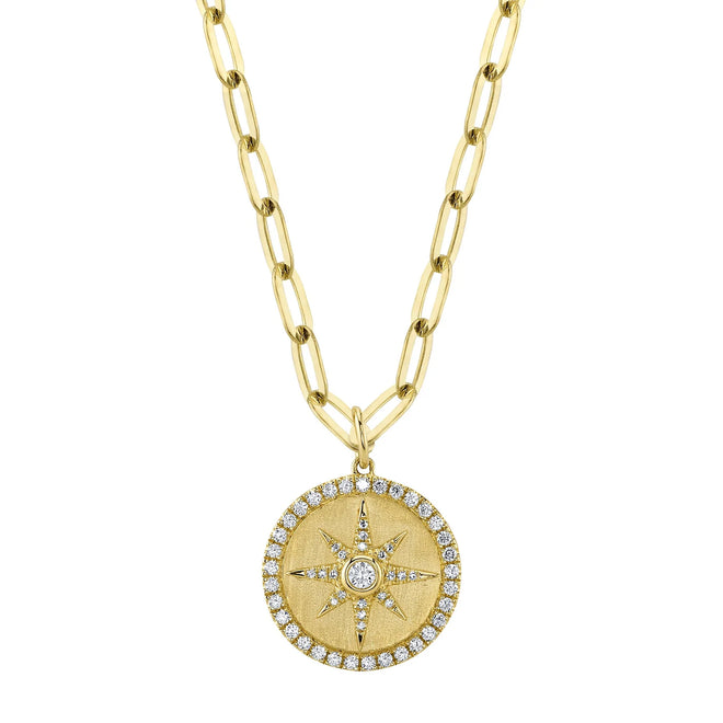 14K White or Yellow Gold 0.43 Carat Total Weight Diamond Star Medallion Paperclip Link Pendant Necklace - Queen May