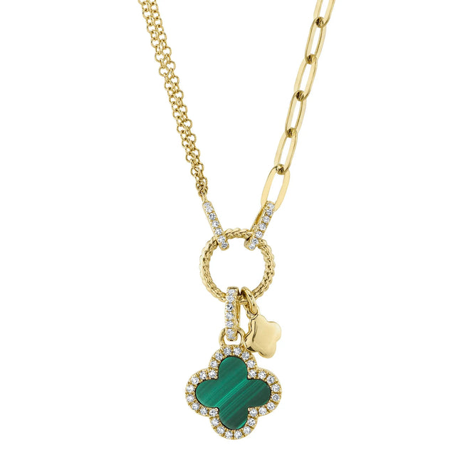 14K Yellow Gold Malachite & Diamond Clover Paperclip Link Pendant Necklace - Queen May