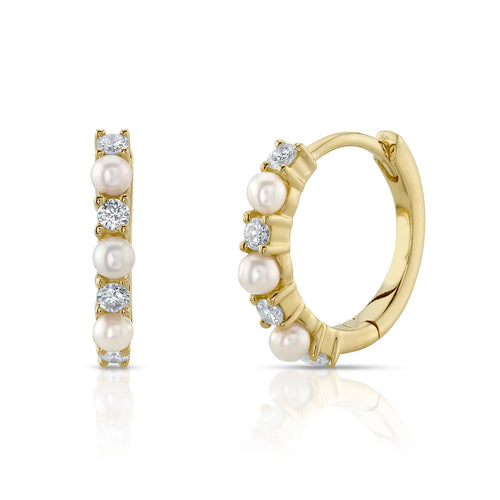 14K Yellow Gold 0.14 Carat Total Weight Diamond & Cultured Pearl Mini Huggie Earrings - Queen May