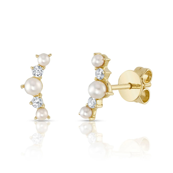 14K Yellow Gold 0.09 Carat Diamond Cultured Pearl Stud Earrings - Queen May