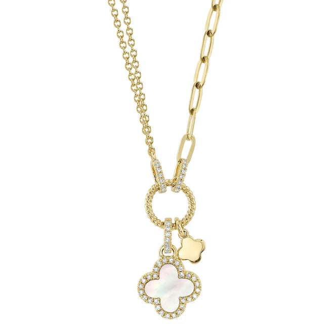 14K Yellow Gold Mother of Pearl & Diamond Clover Paperclip Link Pendant Necklace - Queen May