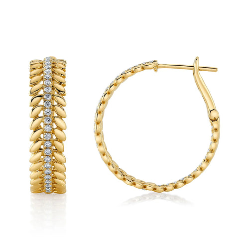 14K Yellow Gold 0.72 Carat Total Weight Diamond Laurel Wreath Hoop Earrings - Queen May