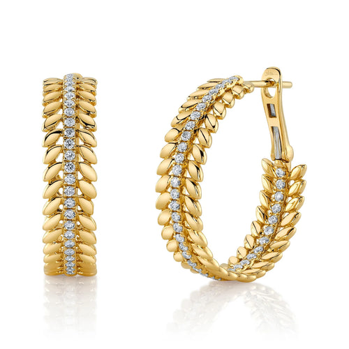 14K Yellow Gold 0.72 Carat Total Weight Diamond Laurel Wreath Hoop Earrings - Queen May