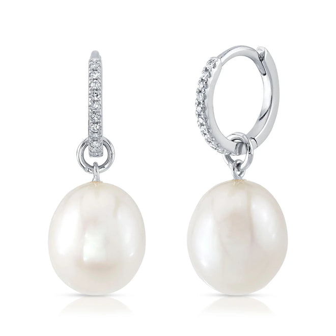 14K Gold Cultured Pearl & Diamond Huggie Drop Earrings - Queen May