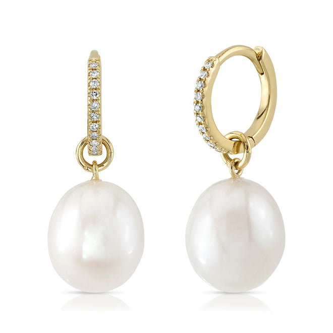 14K Gold Cultured Pearl & Diamond Huggie Drop Earrings - Queen May