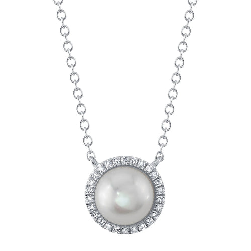 14K White Gold Cultured Pearl Diamond Halo Pendant Necklace - Queen May