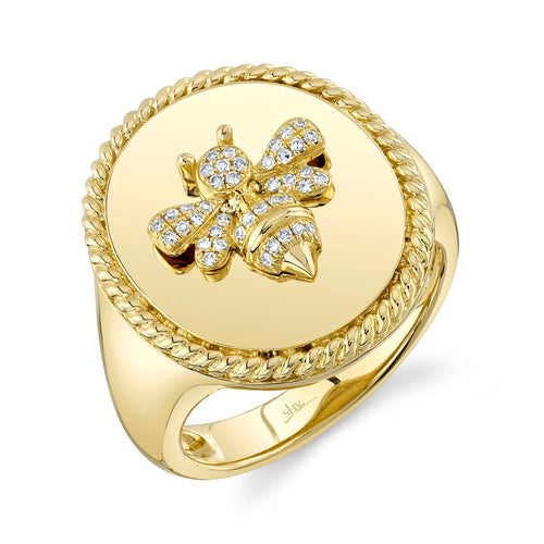 14K Yellow Gold Diamond Bee Signet Ring - Queen May