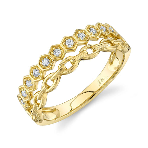 14K Yellow Gold 0.13 Carat Total Weight Diamond Hexagon Link Ring - Queen May