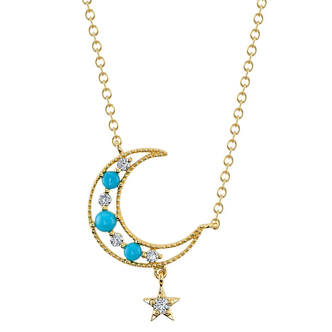 14K Yellow Gold Turquoise Diamond Crescent Moon & Star Pendant Necklace - Queen May