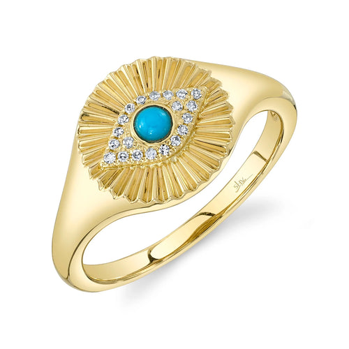 14K Yellow Gold Turquoise & Diamond Evil Eye Signet Ring - Queen May