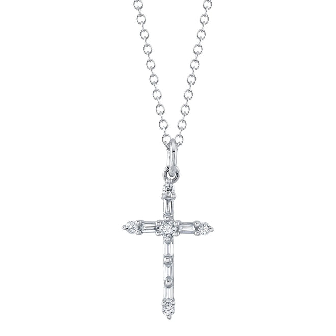 14K White or Yellow Gold 0.15 Carat Total Weight Diamond Baguette Cross Pendant Necklace - Queen May