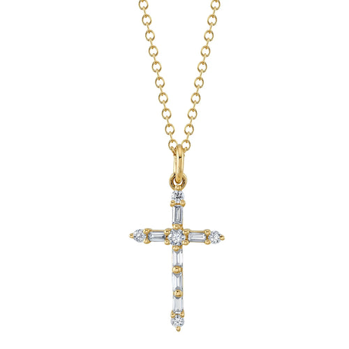 14K White or Yellow Gold 0.15 Carat Total Weight Diamond Baguette Cross Pendant Necklace - Queen May
