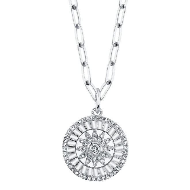 14K Gold 0.20 Carat Total Weight Diamond Flower Medallion Paperclip Chain Pendant Necklace - Queen May