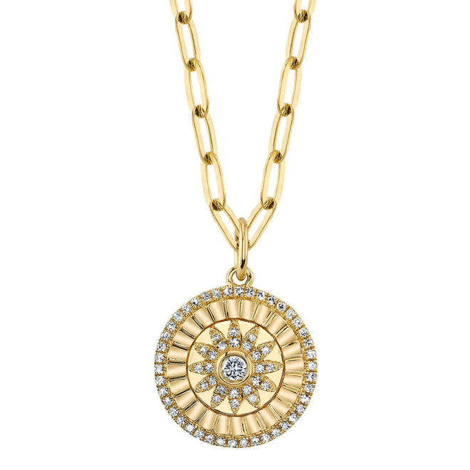 14K Gold 0.20 Carat Total Weight Diamond Flower Medallion Paperclip Chain Pendant Necklace - Queen May