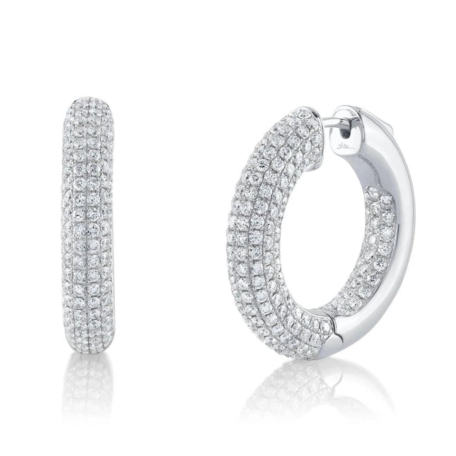 14K White Gold 3.94 Carat Total Weight Diamond Pave Thick Hoop Earrings - Queen May