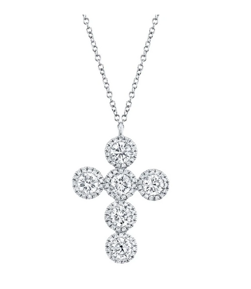 14K White Gold Diamond Halo Cross Pendant Necklace - Queen May