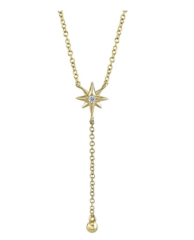 New 14K Yellow Gold .03 CT Diamond Star Lariat Necklace - Queen May