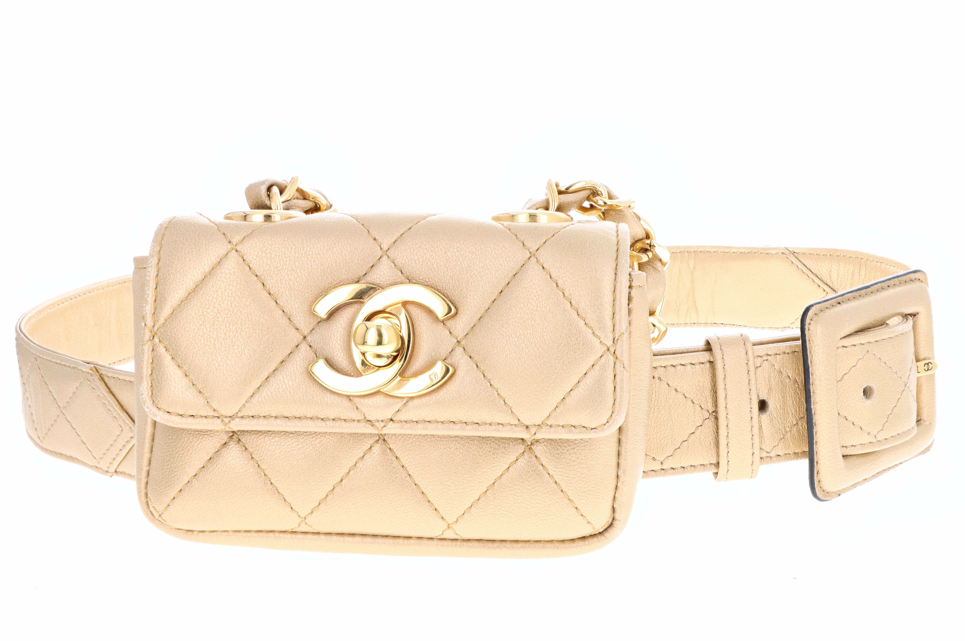Rare Vintage Chanel Quilted Hanging Micro Belt Bag- Gold