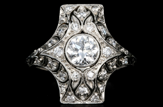 Art Deco Platinum Old European .80 Carat Shield Style Ring - Queen May