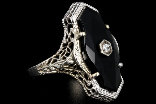 Art Deco 14K White Gold Onyx & Diamond Filigree Ring c.1920's - Queen May