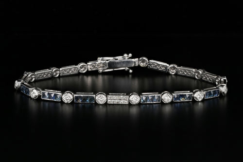Modern 18K White Gold 3 Carat French Cut Sapphire & Diamond Tennis Bracelet - Queen May