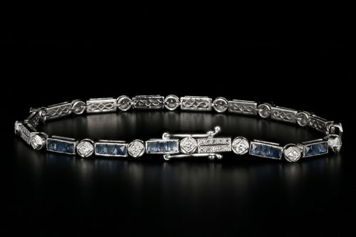 Modern 18K White Gold 3 Carat French Cut Sapphire & Diamond Tennis Bracelet - Queen May