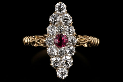 Victorian 18K Yellow Gold Ruby And Diamond Navette Ring - Queen May