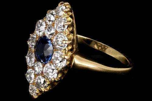 Victorian 18K Yellow Gold 1 Carat Natural No Heat Sapphire and Diamond Navette Ring - Queen May