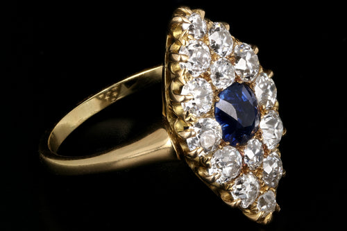 Victorian 18K Yellow Gold 1 Carat Natural No Heat Sapphire and Diamond Navette Ring - Queen May