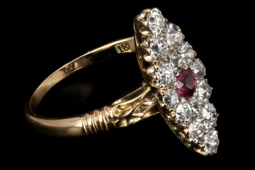 Victorian 18K Yellow Gold Ruby And Diamond Navette Ring - Queen May