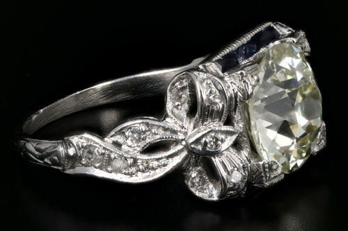 Art Deco Platinum 2.78CT Old European Cut Diamond and Sapphire Ribbon Engagement Ring GIA Certified - Queen May