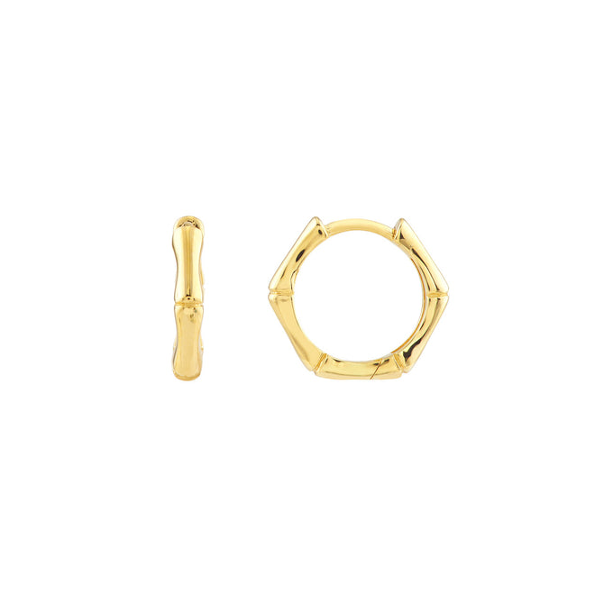 14K Yellow Gold 12.50mm Bamboo Huggie Hoop Earrings - Queen May