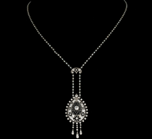 Edwardian Platinum 1.5 Carat European Diamond and Natural Pearl Necklace - Queen May