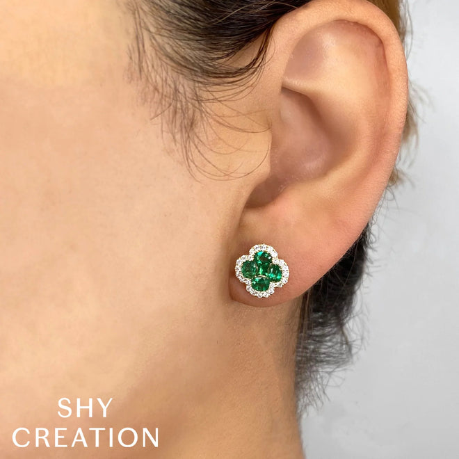 14K Yellow Gold Emerald Diamond Clover Stud Earrings - Queen May