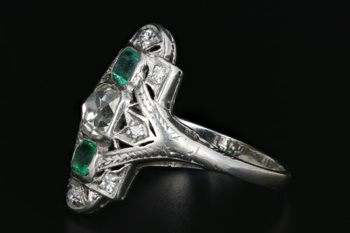 Art Deco Platinum .80 Carat Old Mine Cut Diamond and Emerald Ring - Queen May