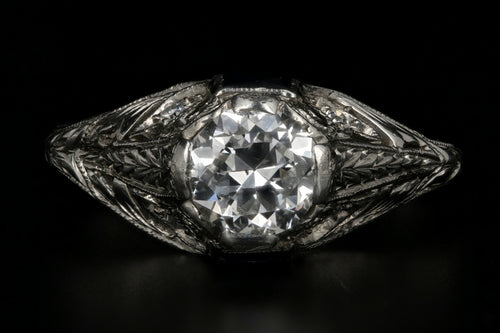 Art Deco Platinum .67 Carat Old European Cut Diamond & French Cut Sapphire Engagement Ring - Queen May