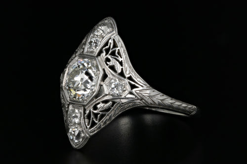 Art Deco Platinum 1.01 Carat Old Mine Cut Diamond Shield Ring - Queen May