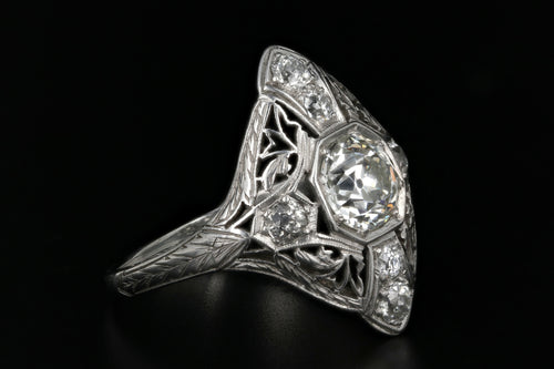 Art Deco Platinum 1.01 Carat Old Mine Cut Diamond Shield Ring - Queen May