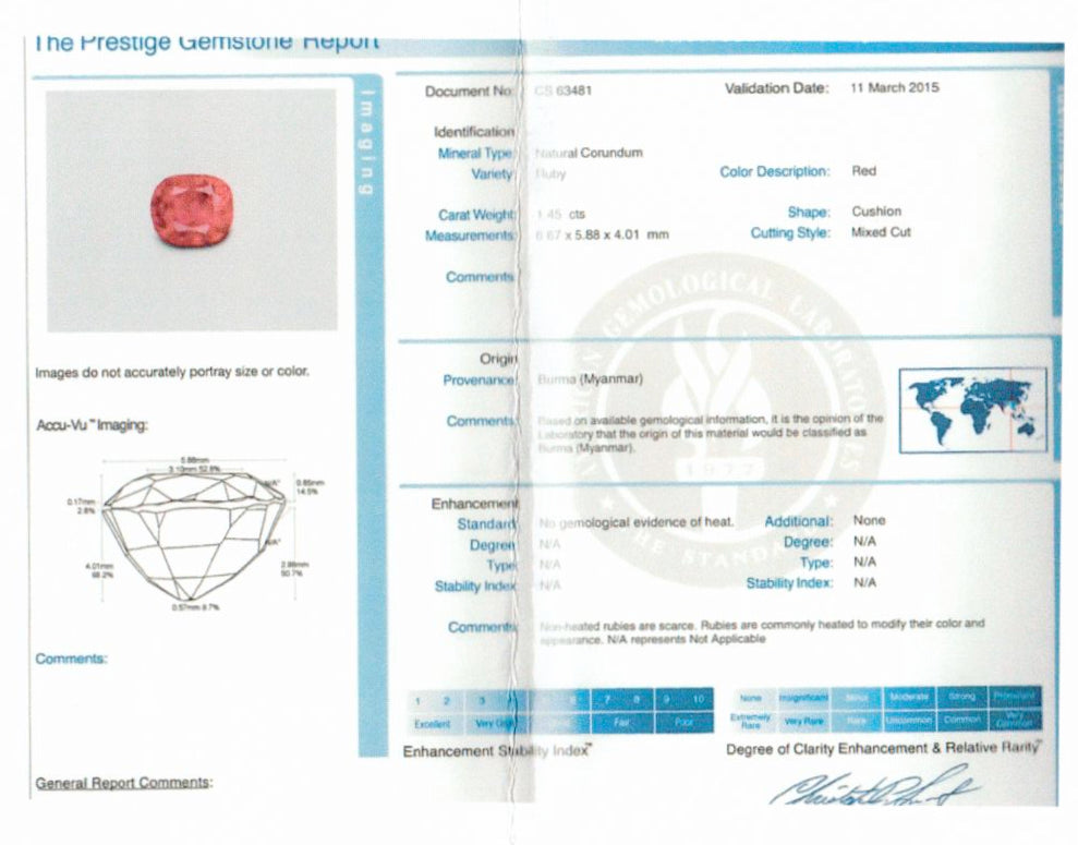 Platinum 1.45 Carat Cushion Cut Natural No Heat Burma Ruby Ring