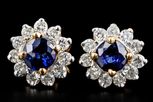 18k Yellow Gold Round Natural Sapphire & Diamond Halo Stud Earrings - Queen May